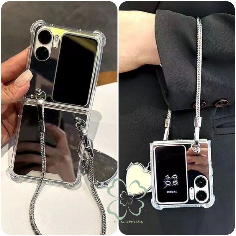 เคสกระจกแต่งหน้า แบบฝาพับ โลหะ กันกระแทก พร้อมสายคล้องข้อมือ รูปหัวใจ สําหรับ OPPO Find N3 N2
