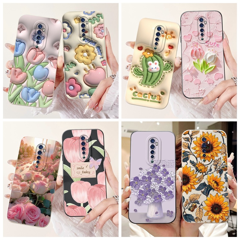 ปลอกสําหรับ OPPO Reno 2 2F 2Z เคสโทรศัพท์ CPH1907 CPH1945 CPH1989 Matte Cover แฟชั่นกระบองเพชรดอกไม้กันชนสําหรับ Reno2F Reno2Z Capa