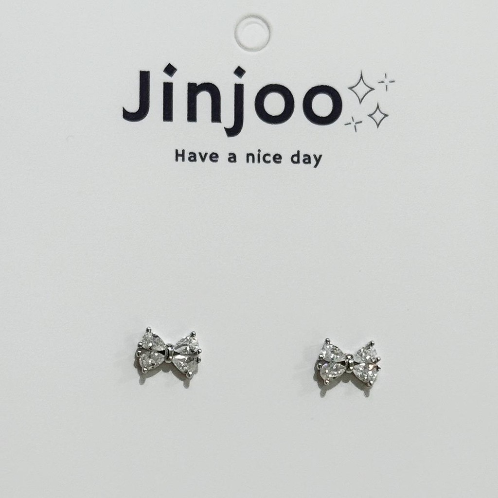 Jinjoo ต่างหูโบว์ รุ่น Crystal Bow รุ่นเล็ก น่ารัก (แป้นทับเงินแท้925+จุกยาง) รหัส A47