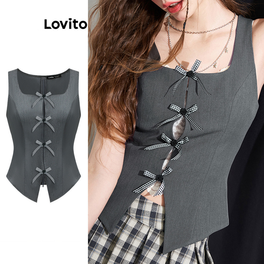 Lovito เสื้อกล้ามคอวีแบบผูกโบว์สไตล์วินเทจพร้อมซิปสำหรับผู้หญิง L110AD536