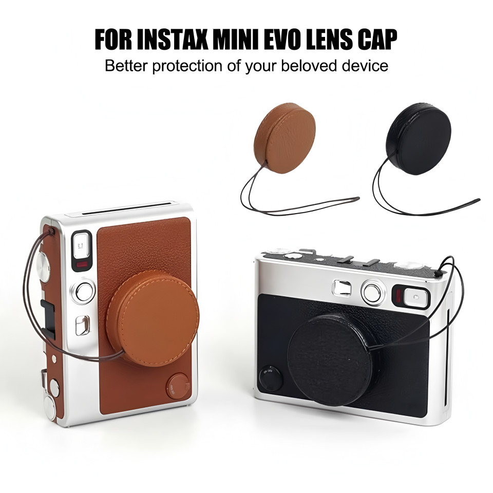 ฝาครอบเลนส์หนัง PU สีน้ําตาล/BlackEVO พร้อมเชือกป้องกันการสูญหายสําหรับกล้อง Fujifilm Instax Mini EVO