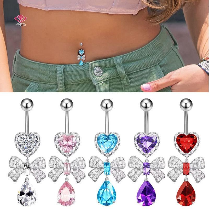 Hwetr สแตนเลส Belly เจาะเครื่องประดับประณีตหัวใจ Bow Belly ปุ่มแหวนผู้หญิงแฟชั่น Navel แหวนเครื่องประดับใหม่