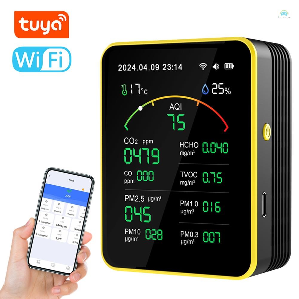 Tuya WiFi15in1 Air คุณภาพเครื่องตรวจจับแบบพกพา AQI PM0.3 PM1.0 PM2.5 PM10 CO CO2 TVOC HCHO เครื่องทด