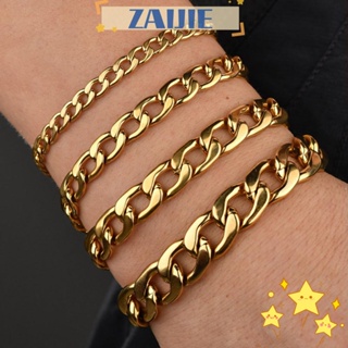 Zaijie24 Cuban Curb Link Chain, สร้อยข้อมือสเตนเลส ทรงเรขาคณิต สีพื้น, แฟชั่น สร้อยข้อมือ สเตนเลส สีทอง ผู้ชาย