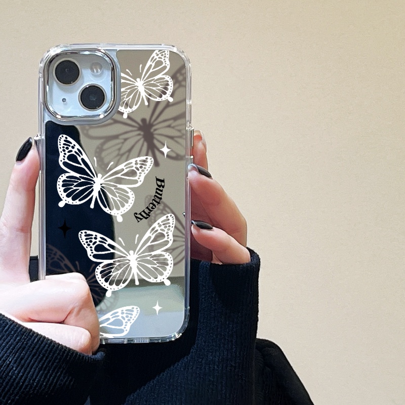 Case เคส for iPhone 16 11 15 13 14 12 Pro Max เคสไอโฟน11 16pro กรณีโทรศัพท์มือถือชุบกระจก ผีเสื้อบินสีขาว