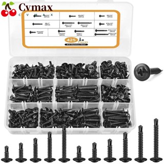 Cvmax สกรูแตะด้วยตนเอง สําหรับโลหะ 425 ชิ้น #8#10 สกรูหัวต๊าป เหล็กสเตนเลส 410 สีดํา พร้อมกล่อง สําหรับงานไม้