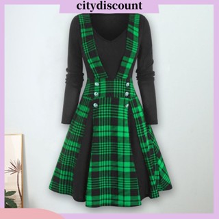 &lt;citydiscount&gt; ชุดแม็กซี่เดรสแขนยาว ทรงหลวม ลายสก๊อต สไตล์โกธิควินเทจ แฟชั่นฤดูใบไม้ร่วง และฤดูหนาว สําหรับผู้หญิง