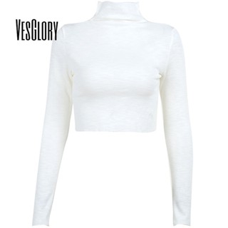 Vesglory เสื้อครอปท็อป แขนยาว คอสูง ทรงสลิมฟิต สีพื้น แฟชั่นสําหรับผู้หญิง 2023