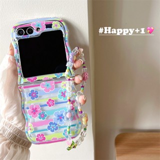 เคสโทรศัพท์มือถือแบบนิ่ม ใส กันกระแทก ลายดอกไม้ สีฟ้า พร้อมสายคล้องข้อมือ และสายคล้องข้อมือ สําหรับ Samsung Galaxy Z Flip 5 4 3 5G Z Flip5 Flip4 Flip3