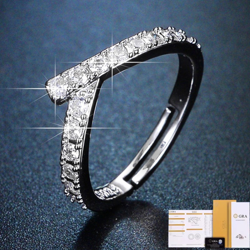 [ใบรับรอง GRA ฟรี] แหวนเพชรแถวรูปตัว V สีเงิน S925 Moissanite