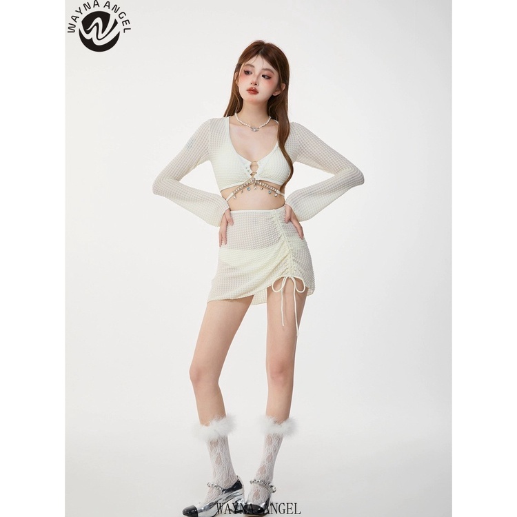 (WAYNA Angel) ชุดว่ายน้ํา บิกินี่ แขนยาว ผ้าตาข่าย คลุมกระโปรง แฟชั่นสไตล์เกาหลี 4 ชิ้น