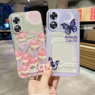 พร้อมส่ง เคสโทรศัพท์มือถือ ซิลิโคนนิ่ม ใส ลายดอกทิวลิป ผีเสื้อสีม่วง พร้อมช่องใส่บัตร สําหรับ OPPO A38 A58 A78 A98 4G 5G 2023 A38