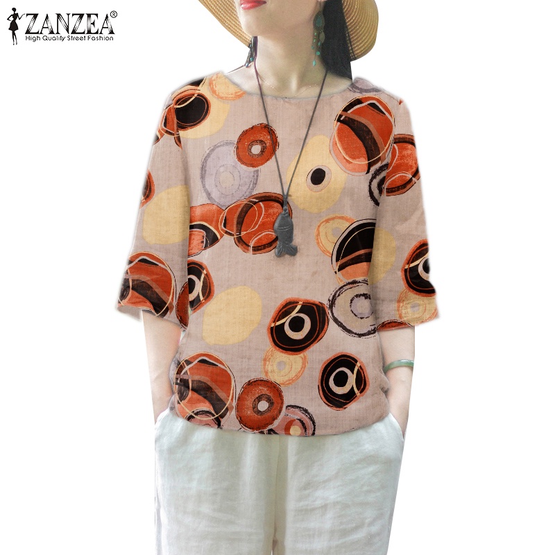 Zanzea Celmia เสื้อเบลาส์ลําลอง คอกลม แขน 3/4 พิมพ์ลาย สไตล์วินเทจ สําหรับสตรี