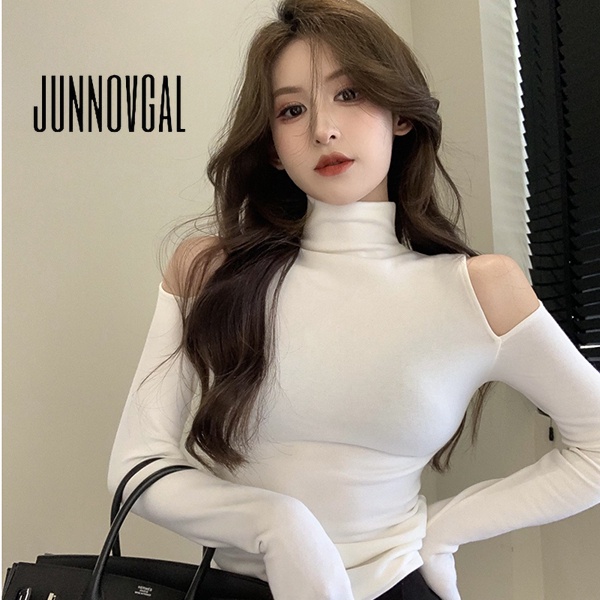 Junnovgal เสื้อยืดแขนยาว เปิดไหล่ คอเต่า แฟชั่นใหม่ สําหรับผู้หญิง 2023