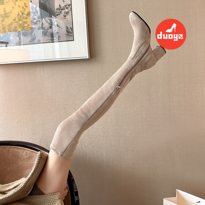 Duoya Factory รองเท้าบูทยาวถึงเข่า หนังนิ่ม ยืดหยุ่น สีกากี แฟชั่นฤดูใบไม้ร่วง สําหรับผู้หญิง