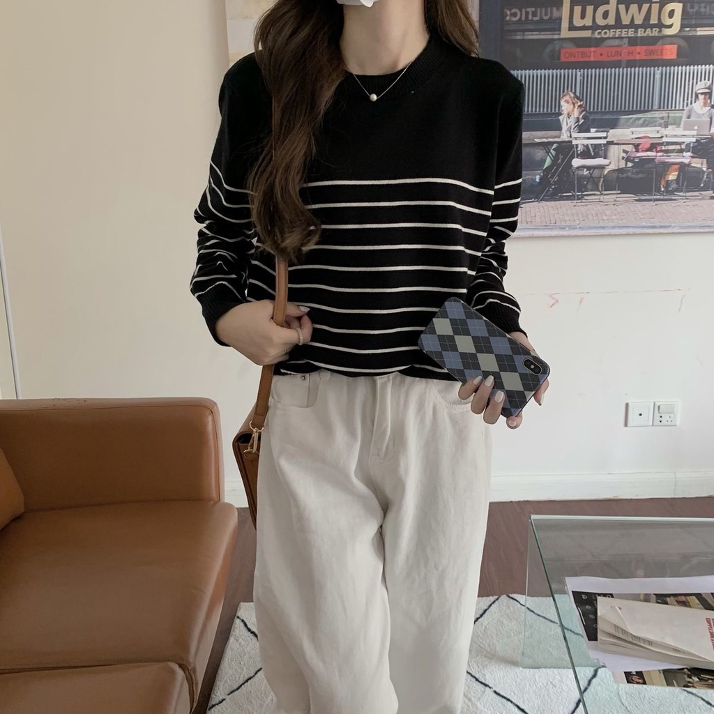 Bh เสื้อกันหนาวแขนยาว ผ้าถัก ลายทาง ทรงหลวม แฟชั่นฤดูใบไม้ร่วง ฤดูหนาว สําหรับผู้หญิง