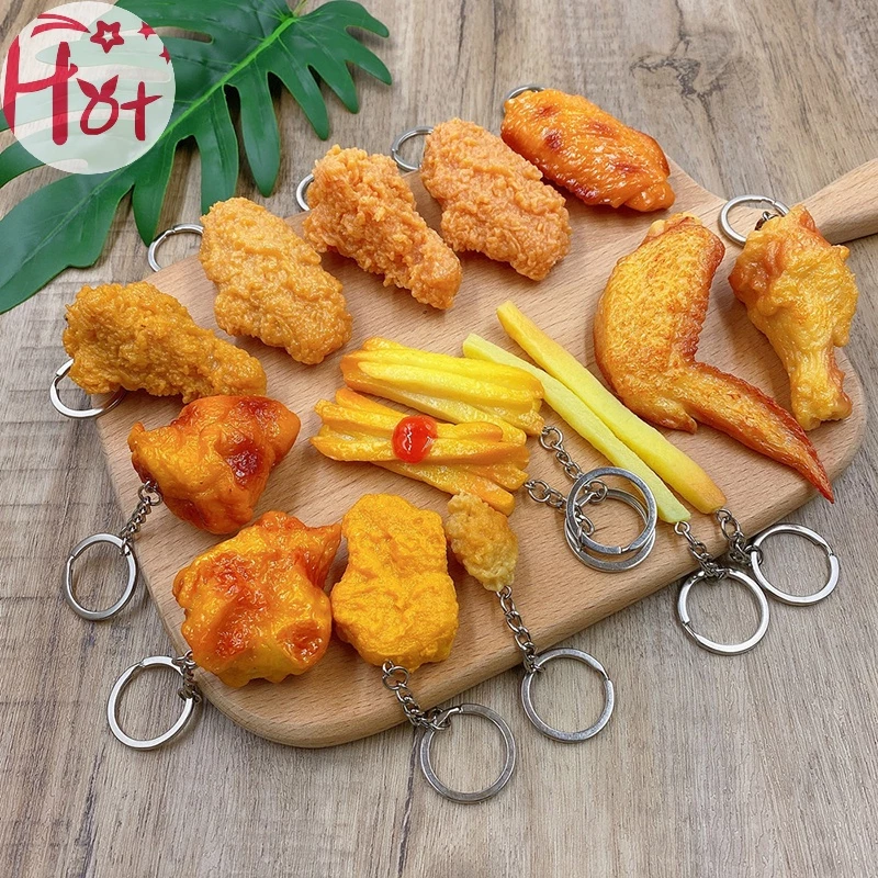 GE ตลกไก่ทอดขาปีกไก่พวงกุญแจสร้างสรรค์จําลองอาหารจี้ด้วยแหวนกุญแจสําหรับกระเป๋าถือกระเป๋าอุปกรณ์เสริมสแควร์