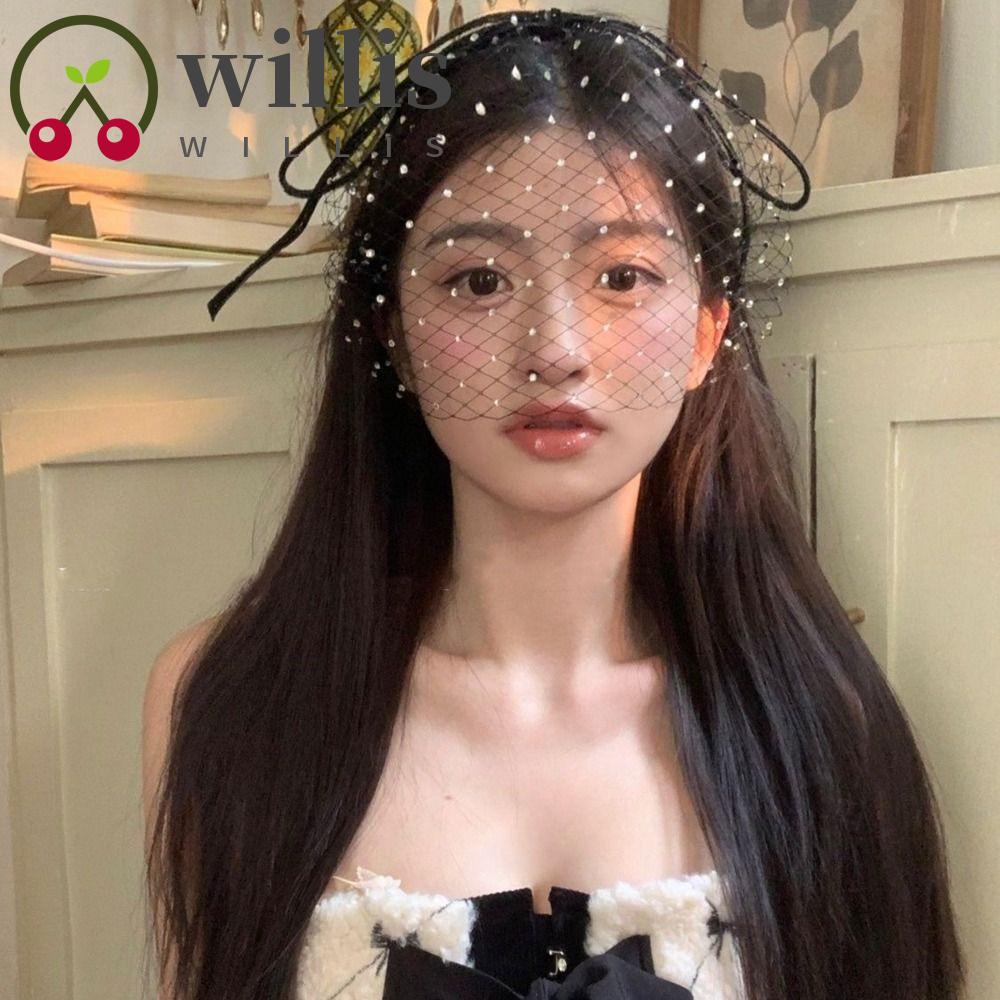 Willis ที่คาดผมเจ้าสาว ผ้าคลุมหน้า โบว์ เจ้าหญิง ล้างหน้า สไตล์เกาหลี ตาข่ายสีดํา ที่คาดผม พลอยเทียม ทุกวัน