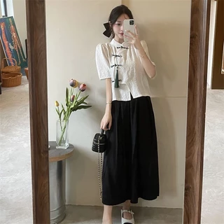 เสื้อเชิ้ตแขนสั้น กระโปรง พลัสไซซ์ สไตล์จีน แฟชั่นฤดูใบไม้ผลิ และฤดูร้อน สําหรับผู้หญิง