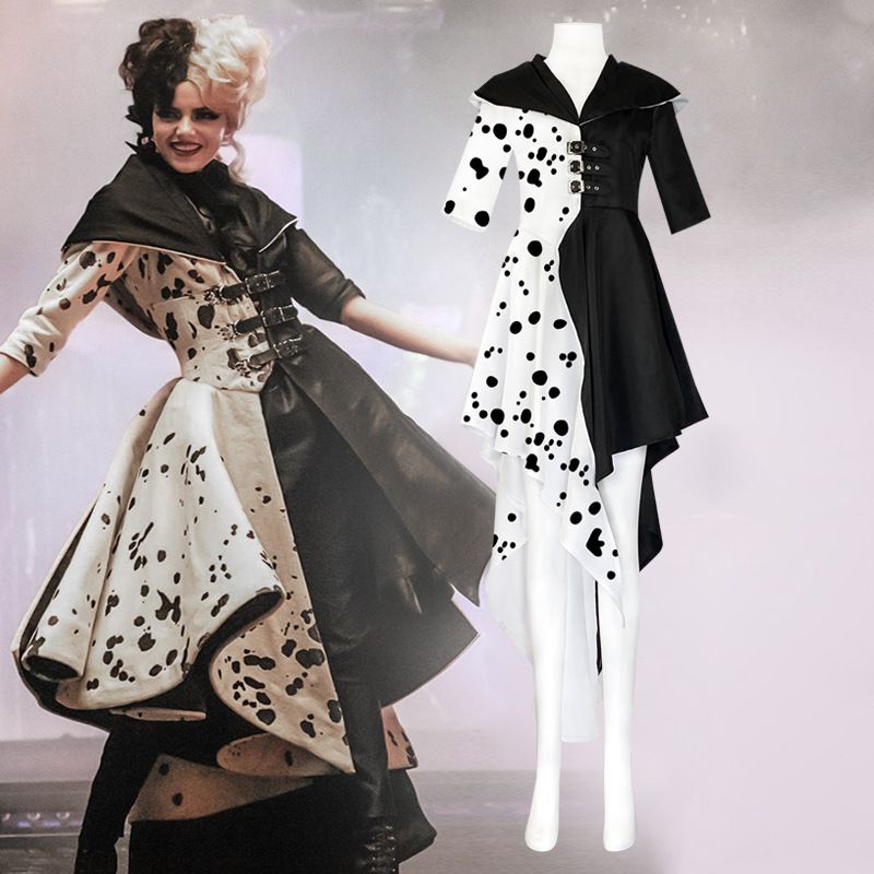 Cruella De Vil ชุดคอสเพลย์ ชุดแม่บ้าน ลายจุด สีดํา สีขาว สําหรับผู้ใหญ่ ผู้หญิง เครื่องแต่งกายฮาโลวีน