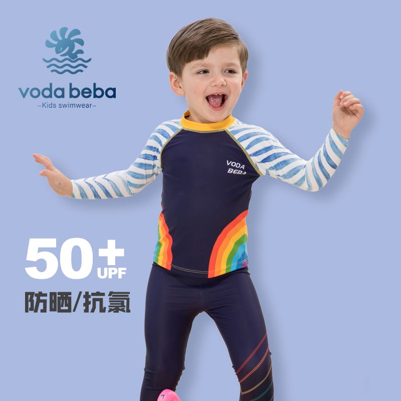 VODA BEBA พร้อมส่ง ชุดว่ายน้ําแขนยาว และกางเกงขายาว ป้องกันแดด สไตล์เกาหลี สําหรับเด็กผู้ชาย สินค้าขายดี  พร้อมหมวก