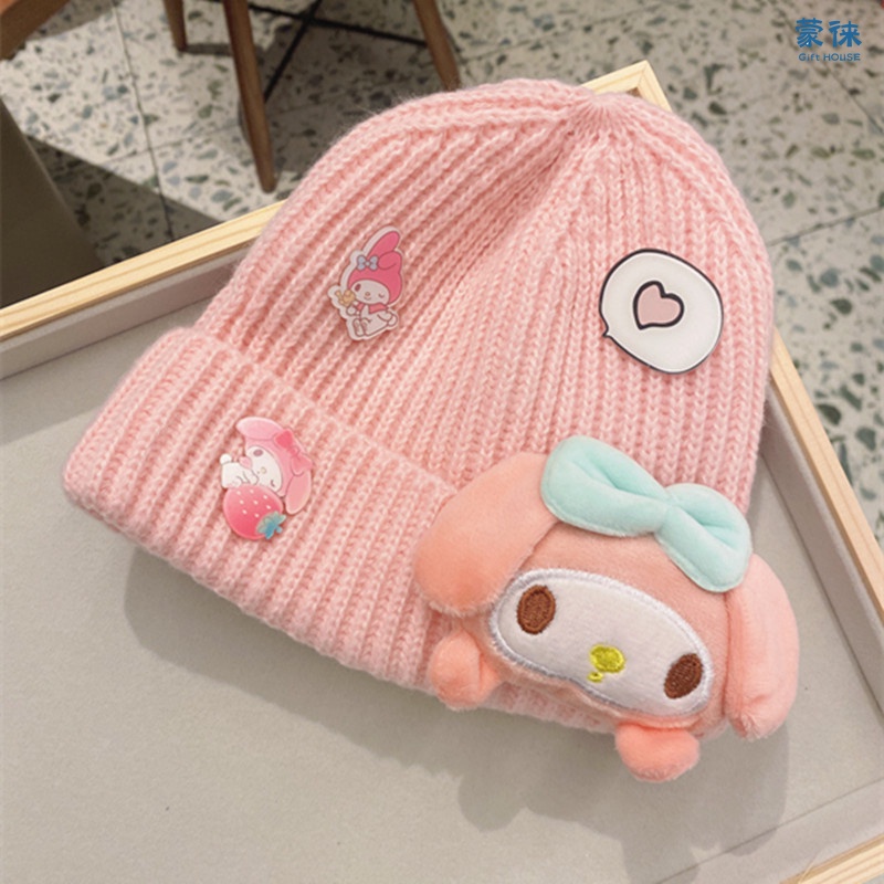 SANRIO หมวกถัก ผ้ากํามะหยี่ขนนิ่ม ลาย My Melody Cinnamoroll Kuromi เหมาะกับฤดูหนาว สําหรับเด็ก