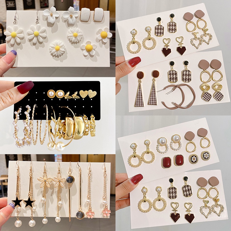 ชุดเครื่องประดับ ต่างหู ชุบทอง พรีเมี่ยม แฟชั่นเกาหลี สําหรับผู้หญิง 12 ชิ้น