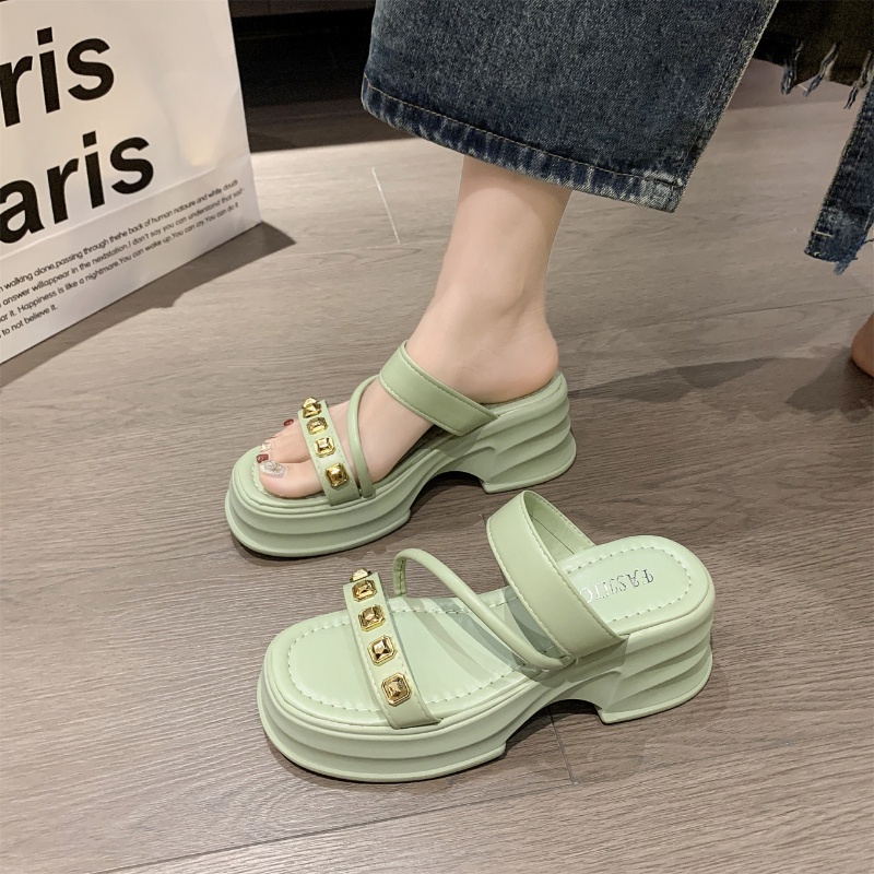 Chic Stroll รองเท้าแตะแฟชั่นผู้หญิง ตกแต่งเพชร รองเท้าส้นตึก เปิดปลายเท้า ระบายอากาศ สไตล์โรมัน เหมาะกับเดินชายหาดกลางแจ้ง
