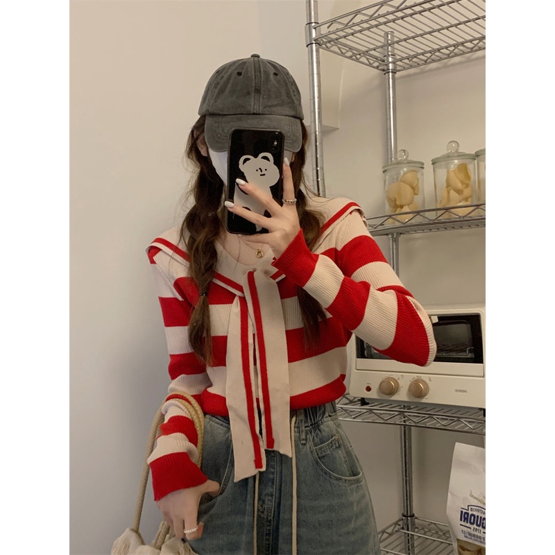 เสื้อแขนยาว ผ้าถัก ลายทาง สีแดง แฟชั่นฤดูใบไม้ผลิ สไตล์ฝรั่งเศส สําหรับผู้หญิง