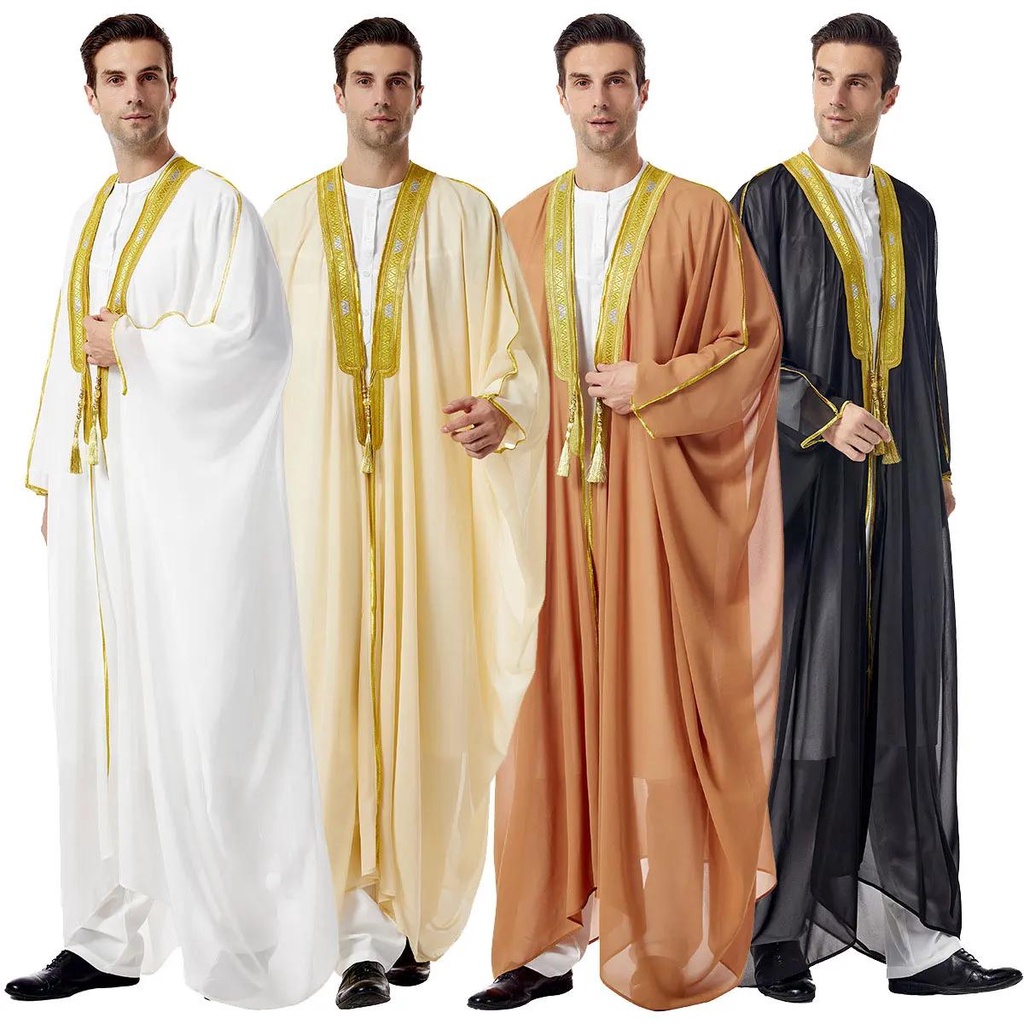 เสื้อคลุมผู้ชายมุสลิมพู่สีทองชีฟองอาหรับ Abayas ปัก
