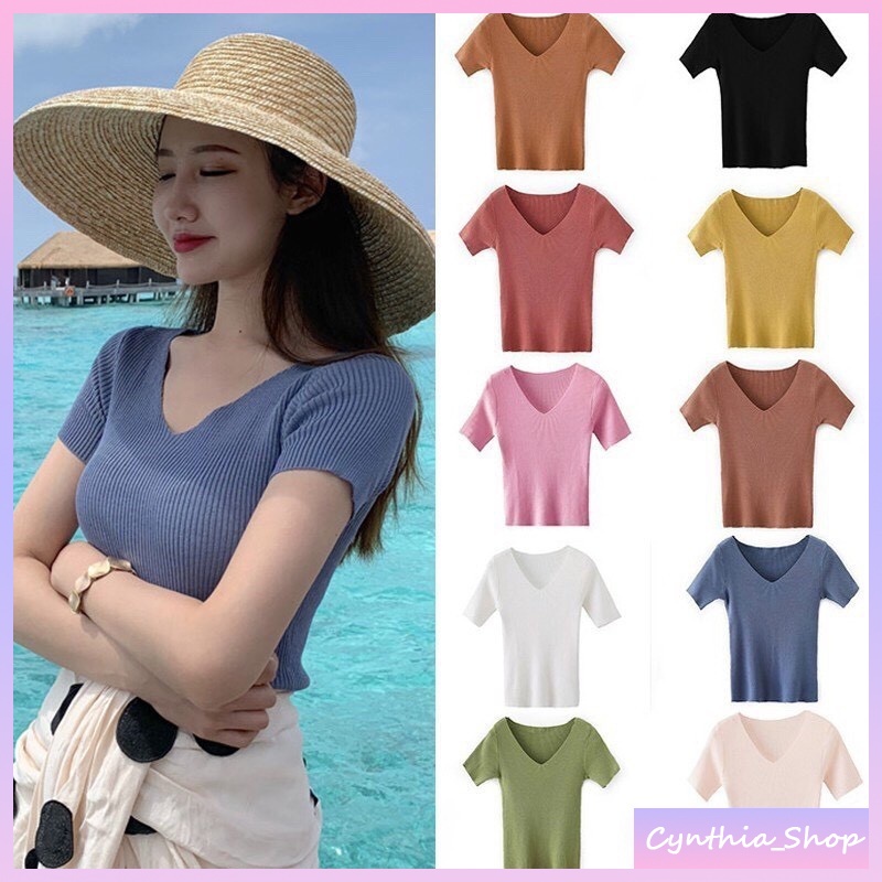 💖Cynthia💖Knitted V-neck เสื้อไหมพรมคอวี ผ้าร่อง สีพื้น แขนสั้น ผ้ายืดหยุ่นใส่สบาย#9966