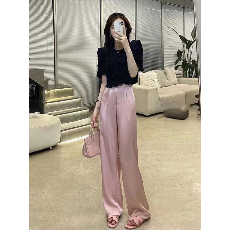 กางเกงขากว้างลําลอง ผ้าซาติน สีชมพู แฟชั่นฤดูร้อน สําหรับสตรี