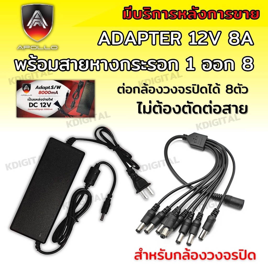ชุดอะเร้ปเตอร์12v 8a พร้อมสายหางกระรอก สายต่ออแดปเตอร์สำหรับกล้องวงจรปิด 1 ออก 8 (สำหรับกล้อง 8 ตัว)