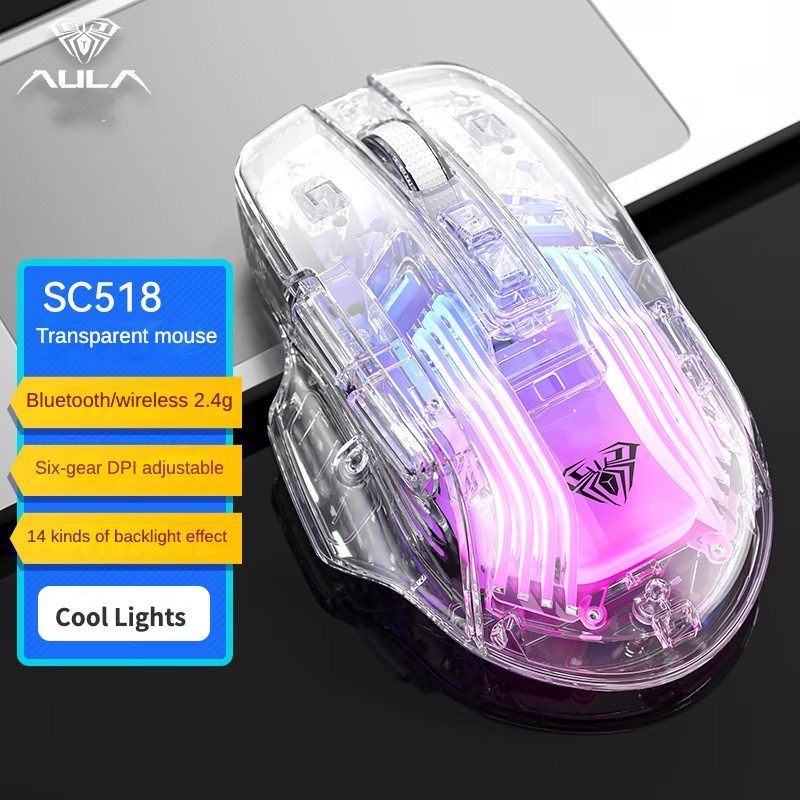 Aula SC518 เมาส์เล่นเกมไร้สาย RGB แบบใส โหมดคู่ สําหรับ E-sports เล่นเกม และสํานักงาน ใช้ชาร์จแล็ปท็อป เดสก์ท็อป