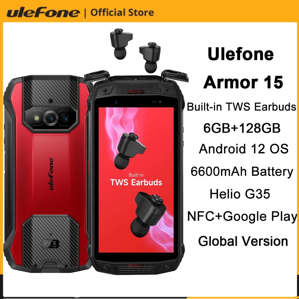 Ulefone Armor 15 โทรศัพท์ที่ทนทาน 6GB + 128GB 6600mAh เอียร์บัด TWS ในตัว 5.45 นิ้ว Android 12 Helio