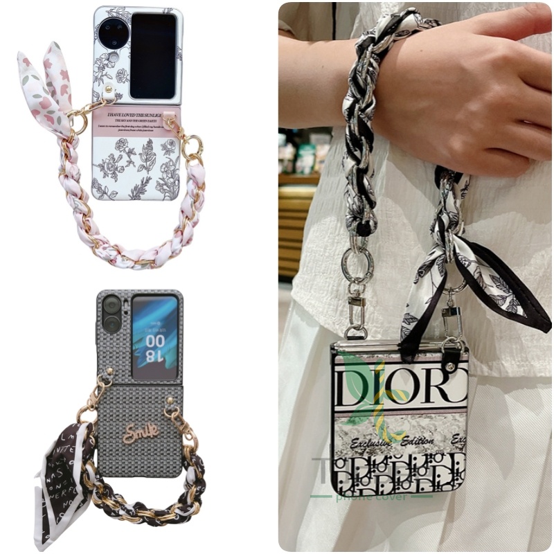 เคสโทรศัพท์มือถือหนัง PC แข็ง กันกระแทก ลายดอกไม้ แต่งริบบิ้น พร้อมสายคล้องมือ สําหรับ OPPO Find N3 N2