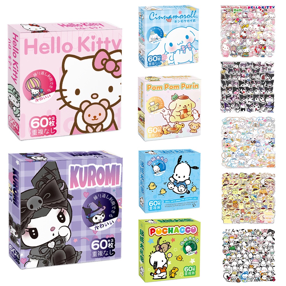 60 ชิ้น/กล่องคู่มือสติกเกอร์ชุด Kitty Kuromi Cinnamoroll Pochacco สติกเกอร์กันน้ําสําหรับเด็กผู้หญิง DIY แล็ปท็อปโทรศัพท์ไดอารี่การ์ตูน PVC สติกเกอร์