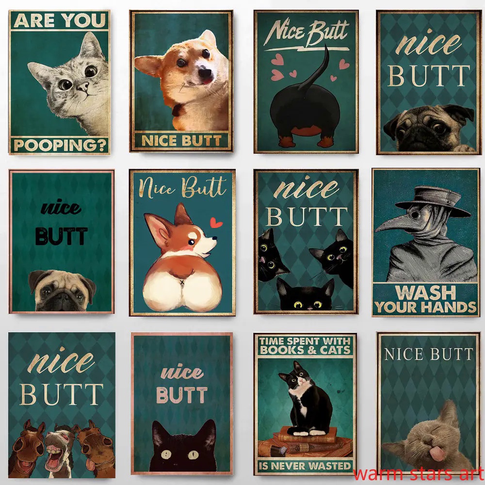 ตลกแมวดํา Nice Butt โปสเตอร์ห้องน้ําและพิมพ์สัตว์ Bulldog Vintage Wall Art ภาพวาดผ้าใบภาพห้องน้ําตกแต่งบ้าน