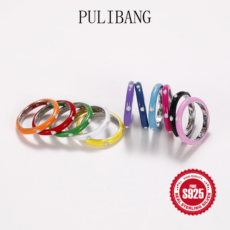 Pulibang ใหม่เคลือบหยดน้ํามันสไตล์สายรุ้งเรียบง่ายแหวนเพทายทุกคู่