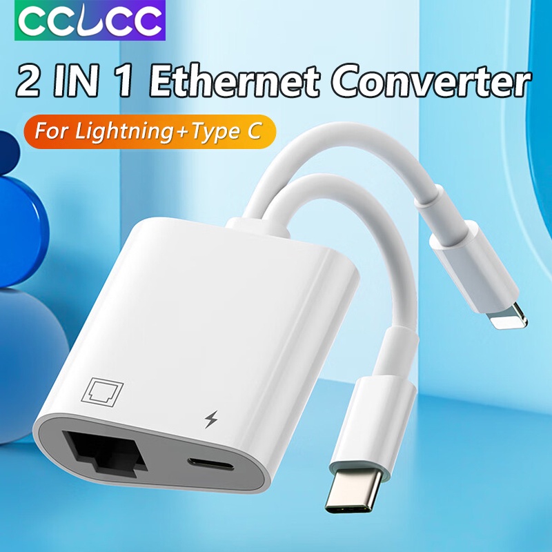 Cclcc อะแดปเตอร์แปลงเครือข่าย Lightning Type C เป็น RJ45 LAN อีเธอร์เน็ต 2 IN 1 100Mbps อเนกประสงค์ พร้อมพอร์ตชาร์จ สําหรับ iPhone 15 plus 14 13 pro max 12 11 8 iPad xiaomi Android