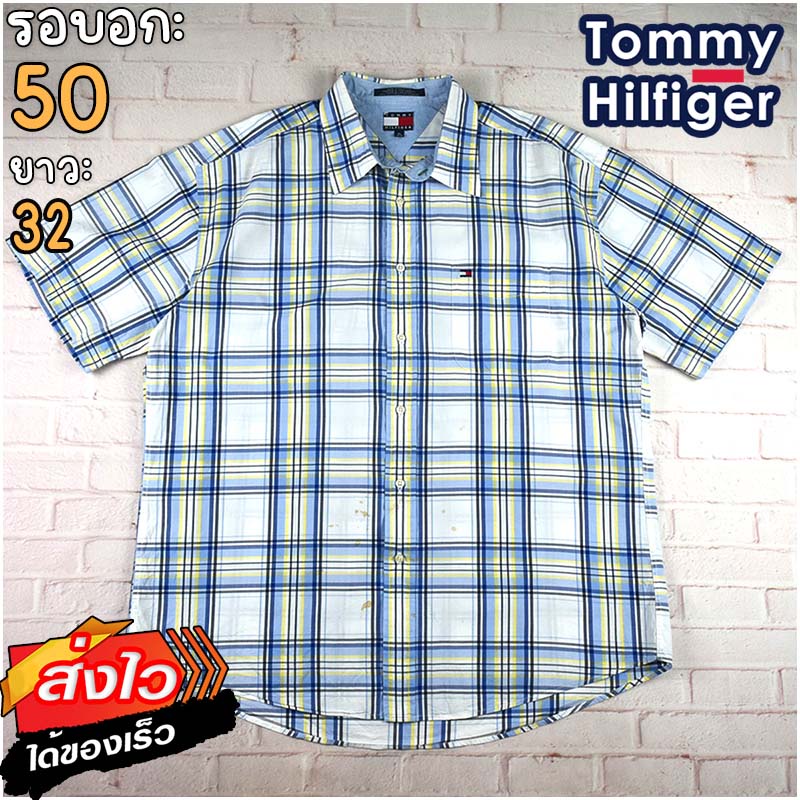 Tommy Hilfiger®แท้ อก 50 เสื้อเชิ้ตผู้ชาย ทอมมี่ ฮิลฟิกเกอร์ สีน้ำเงิน แขนสั้น เนื้อผ้าดี