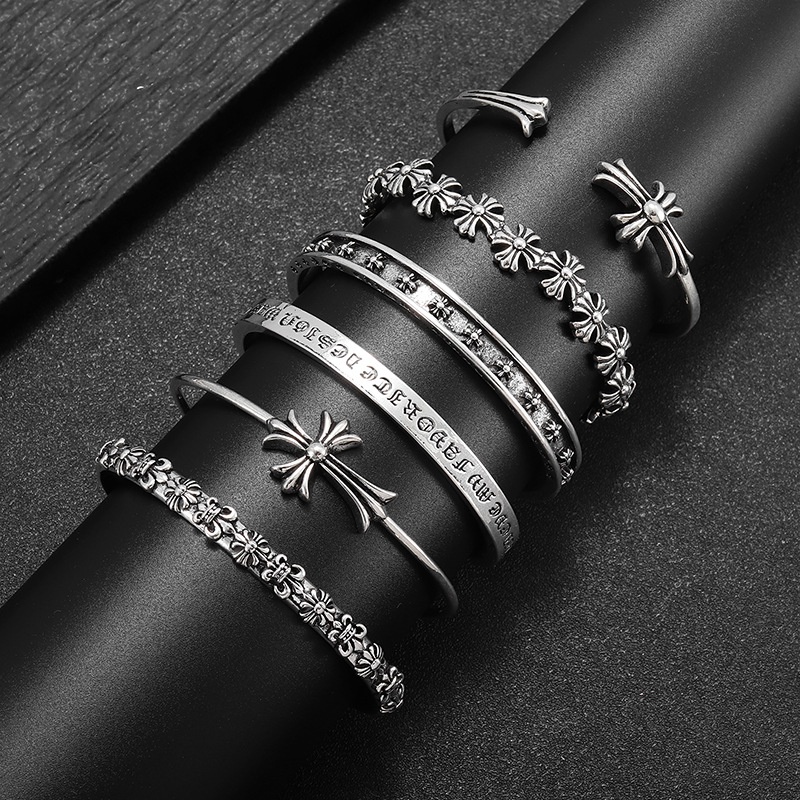 สร้อยข้อมือเงิน ลายดอกไม้ ไม้กางเขน สไตล์พังก์ ฮิปฮอป เรโทร สวยหรู เปิดได้ แฟชั่นคู่รัก สําหรับผู้ชาย และผู้หญิง