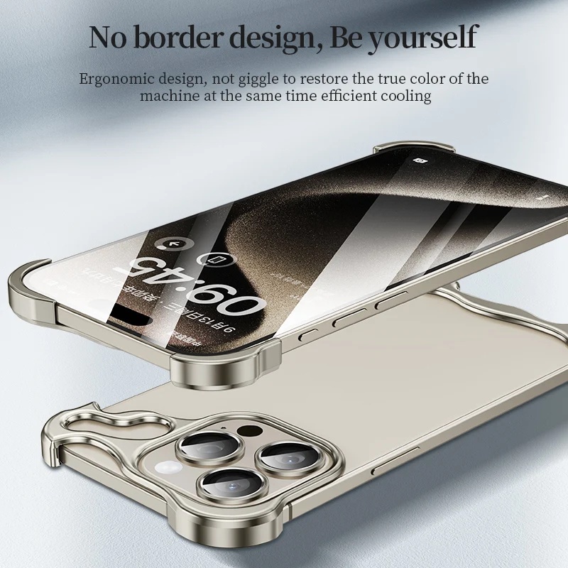 หรูหรา Frameless ไม่สม่ําเสมอไทเทเนียมกันชนเคสโทรศัพท์สําหรับ iPhone 15 14 13 Pro Max 15Plus เลนส์โลหะฟิล์มป้องกันแผ่นมุมปกหลัง