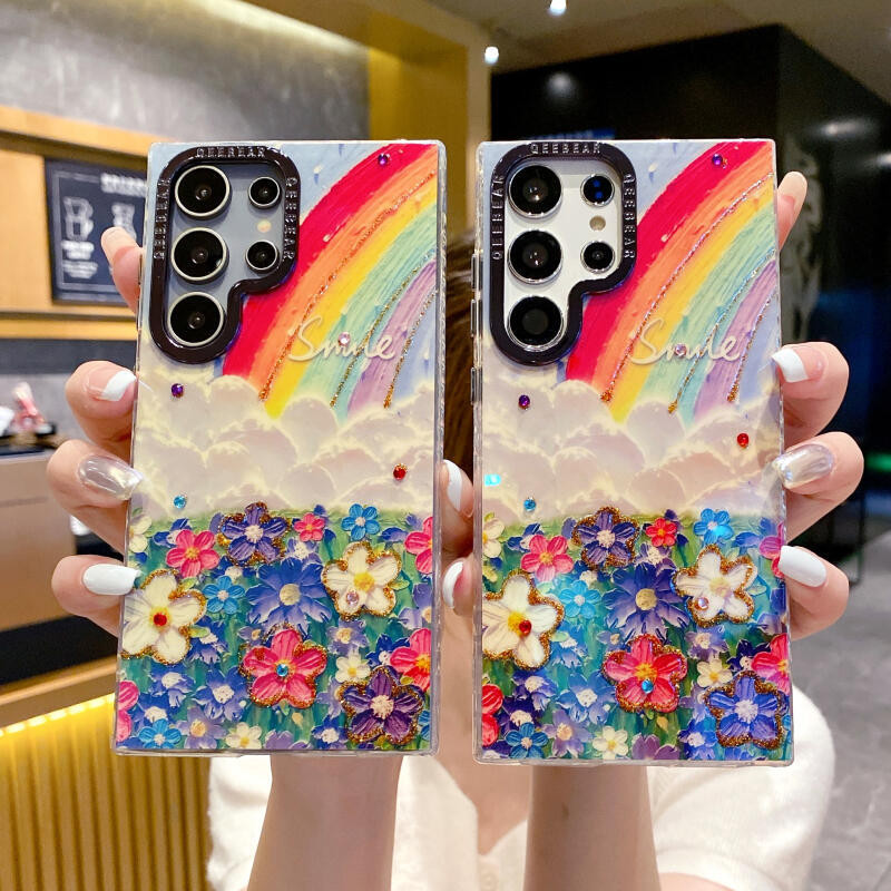 SAMSUNG ภาพวาดสีน้ํามันแฟลชเพชรสายรุ้งดอกไม้ทะเลน่ารักสาวรูปแบบสําหรับsamsung S25 Ultra S24 S23 Ultra Plus S22Ultra Note20 Ultra A55 IMDกันกระแทกป้องกันปกแข็ง