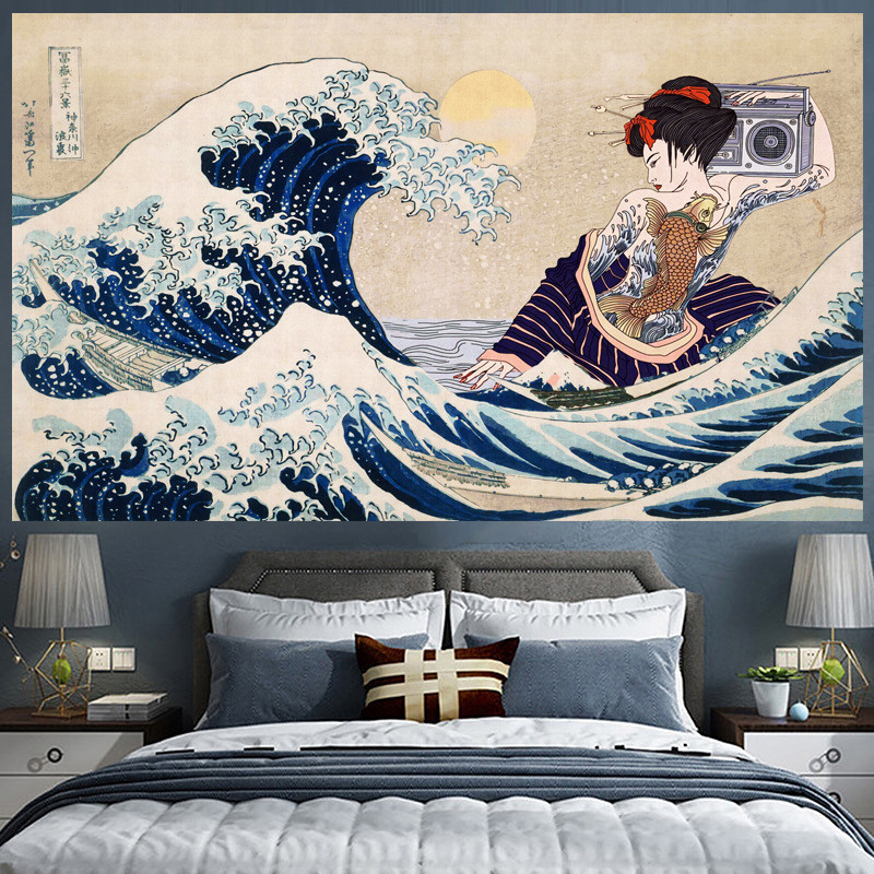 ผ้าปูเตียงลาย Ukiyo-e ญี่ปุ่น ผ้าปูเตียงคลื่น Kanagawa ผ้าพื้นหลัง Ins สำหรับตกแต่งห้องสตูดิโอ ผ้าผนังข้างเตียง