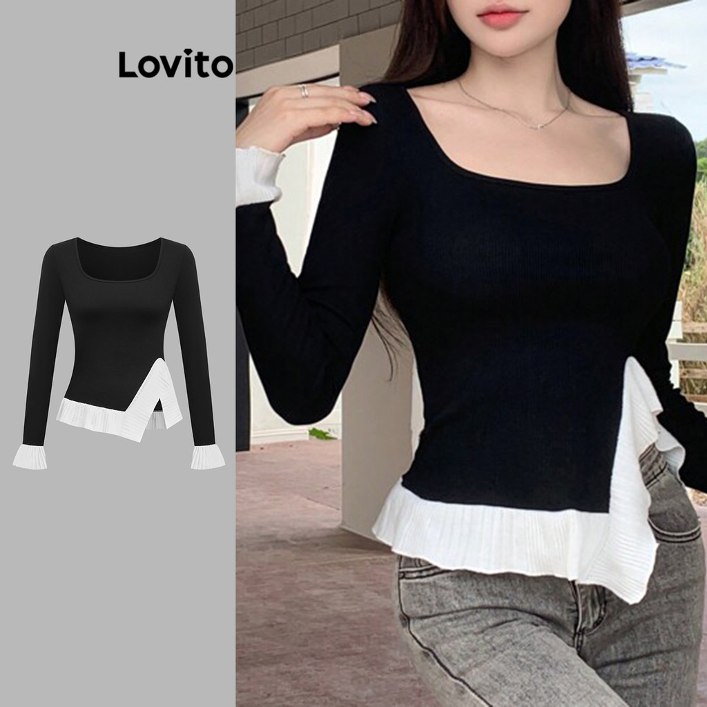 Lovito เสื้อยืดผ้าเย็บระบายชายแบบสีบล็อกสำหรับสุภาพสตรี L110AD033