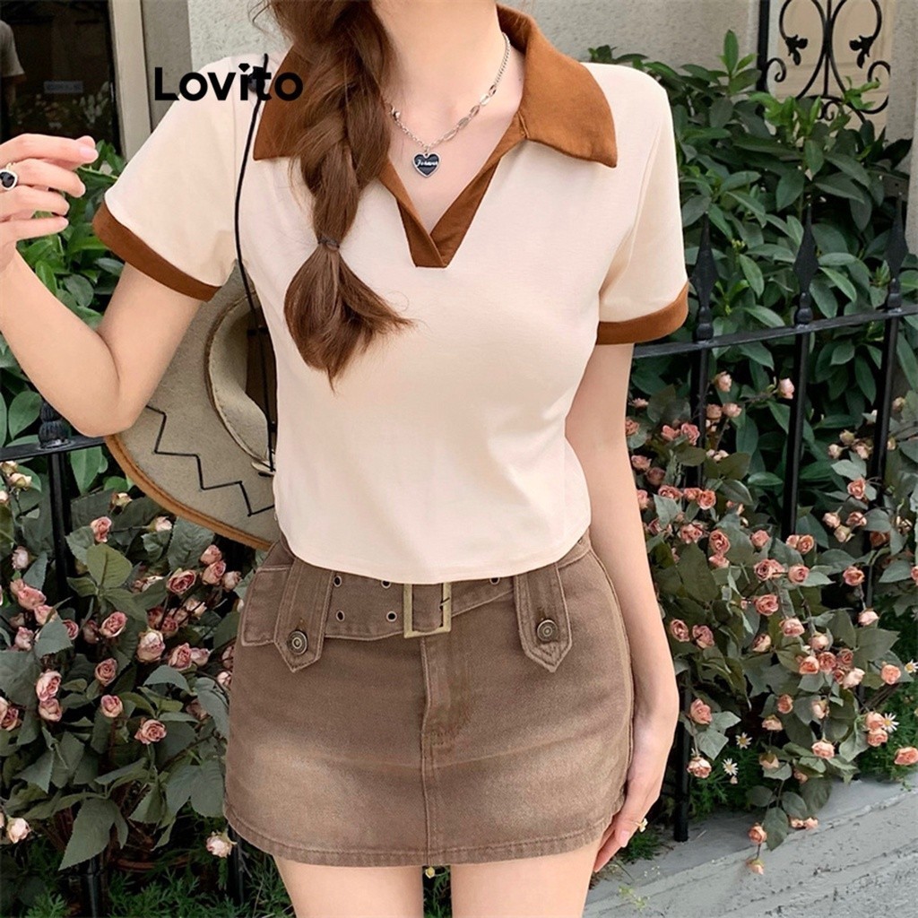Lovito เสื้อยืดผู้หญิง คัลเลอร์บล็อก คอวี สีพื้น สไตล์ลำลอง LNE34073 (สีแอปริคอท)
