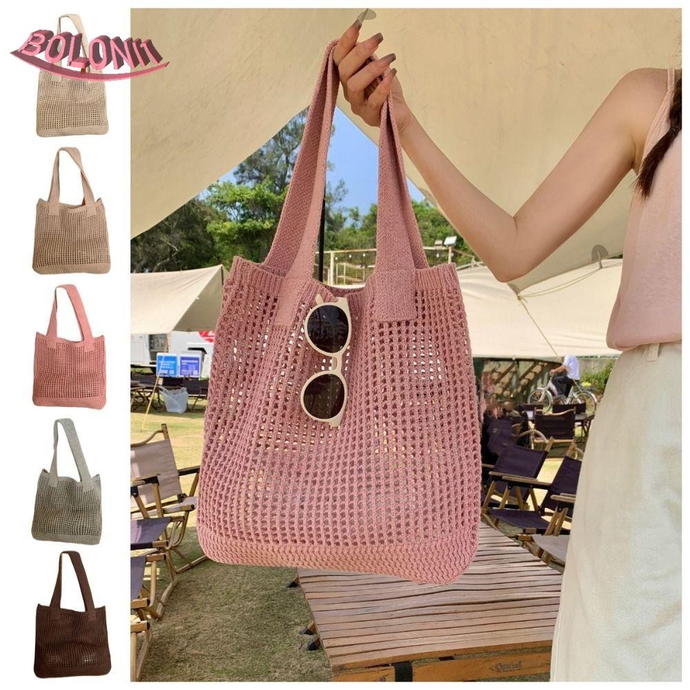 Bo กระเป๋าตาข่ายโครเชต์, Casual Hollow Out กระเป๋าสะพายถัก, Bohemian ความจุขนาดใหญ่ Soft Spacious Mesh Beach Tote Bag Summer