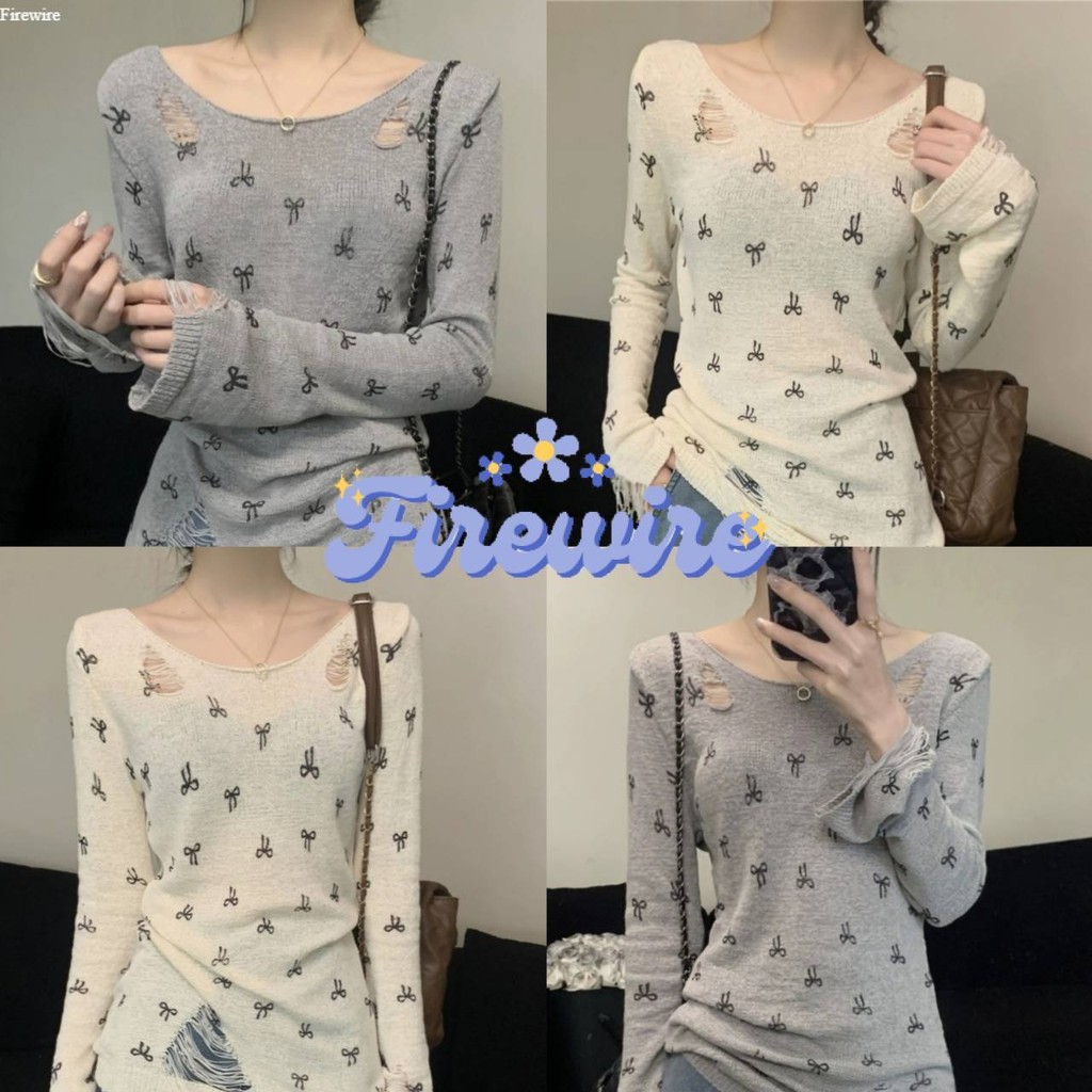 Firewire🔥พร้อมส่ง🔥 เสื้อไหมพรมแขนยาว คอกลม ดีเทลซีทรู ลายโบว์ น่ารักมาก "Y6526"