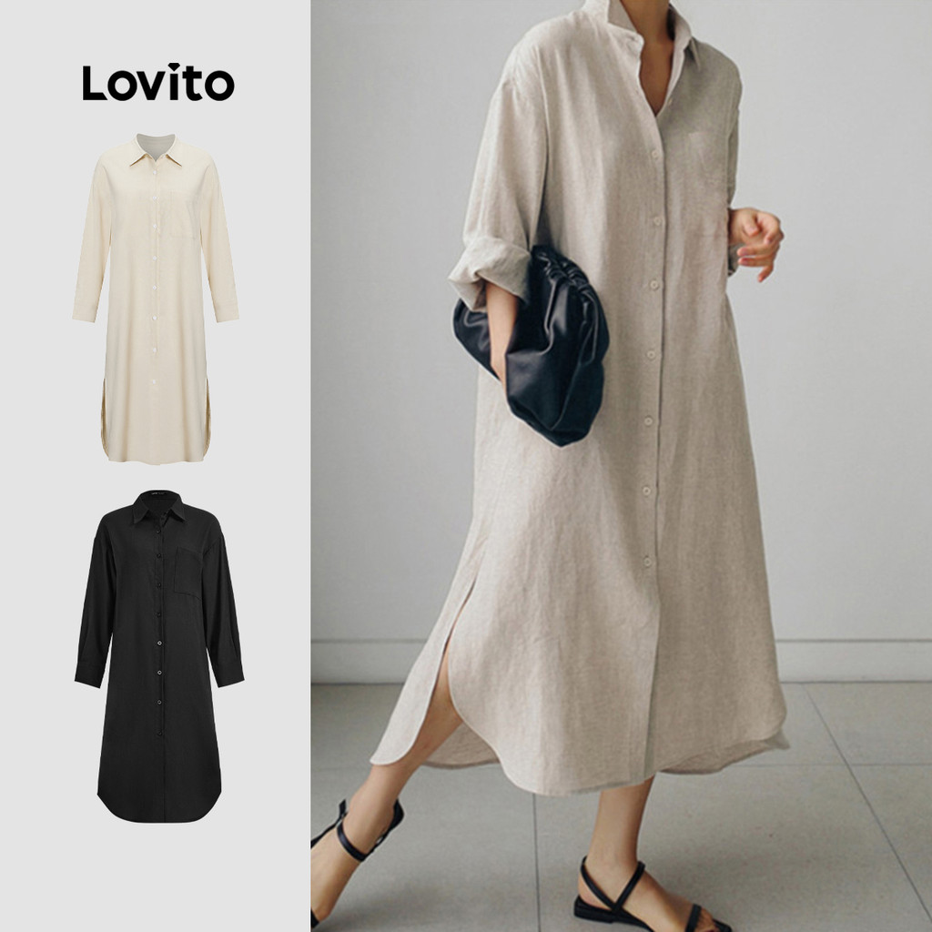Lovito ชุดเดรส ผ่าหน้า มีกระดุม เรียบหรู สำหรับผู้หญิง LNE20158 (สีกากีอ่อน)